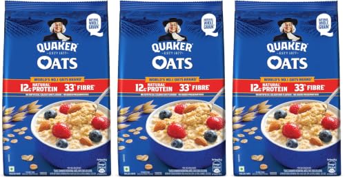 Image of Quaker Oats 1.5kg, Rolled Oats Natural Wholegrain, Nutritious Breakfast Cereals, Dalia Porridge, Easy to Cook (Pack of 3)