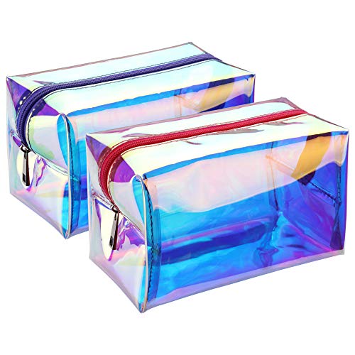 Holographic Makeup Bag, iSPECLE 2 Pack Fashion Iridescent Cosmetic Bag Pouch For Cosmetic, Toiletries,Travel, Daily Use Peach Purple