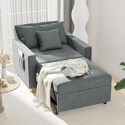 Esright Sleeper Chair, 3-1 Convertible Chair Bed Pull Out Single Sofa Bed with Adjustable Backrest, 2 Pillows, Side Pocket, Upgrade Memory Foam Armchair for Space Saving, Apartment, Office, Dark Grey Cover