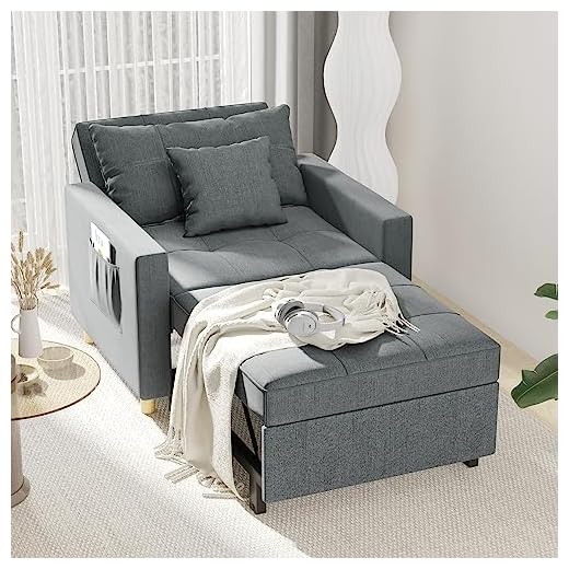 Esright 40 Inch Sleeper Chair Bed 3-in-1 Convertible Futon Chair Multi-Functional Sofa Bed Adjustable Reading Chair, Sofa, Bed, Sleeper Chair with Modern Linen Fabric, Drak Grey