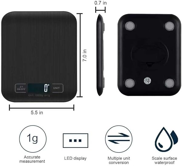 Báscula de Cocina Digita, Báscula Digital 10kg - MedicióN Precisa Hasta 1g, Estilizada Y Delgada Balanza Para Alimentos, Pantalla Lcd, FuncióN De Tara (Negro) - 3