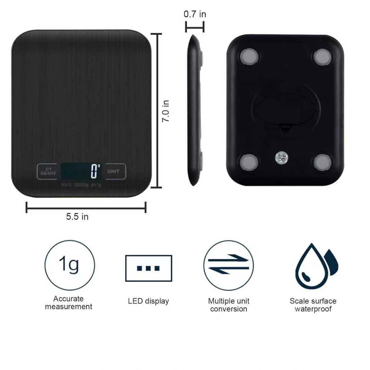 Bilancia Da Cucina Digitale, 10 kg, Bilancia Elettronica In Acciaio Inox, Elegante Bilancia Alimentare Ultra Sottile, Bilancia Elettronica Per Casa e Cucina Con Display Lcd, Funzione Tara (Nero)