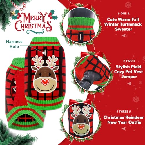 HRTTSY Dog Christmas Jumper with Harness Hole Red Plaid Elk Doggie Outfits Sweater for Small Medium Large Dogs Cats Warm Fall Winter Puppy Clothes Vest Pet Holiday New Year Costume - Image 4