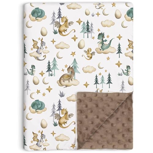 Image of Dragon Baby Blankets, Dragon Fairy Tale Themed Toddler Soft Minky Blanket with Double Layer Dotted Backing, Nursery Newborn Receiving Crib Stroller Swaddle Cloud Moon Egg Star Blankets, 30"x40"