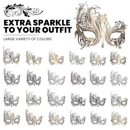 Image of Metal Filigree Masquerade Mask for Women - Swan Style Mask with Rhinestones for Mardi Gras, Prom, Halloween & Venetian Party