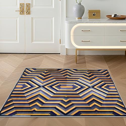 Tapis grand format motif géométrique abstrait jaune bleu 200x290cm