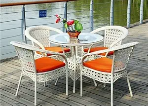 City Outdoor 4+1 Garden Living Outdoor Indoor Patio Furniture Sets Rattan Chair Patio Set Wicker Conversation Set Poolside Lawn Chairs Swing Area Balcony Outdoor Garden Furniture (White Orrange)