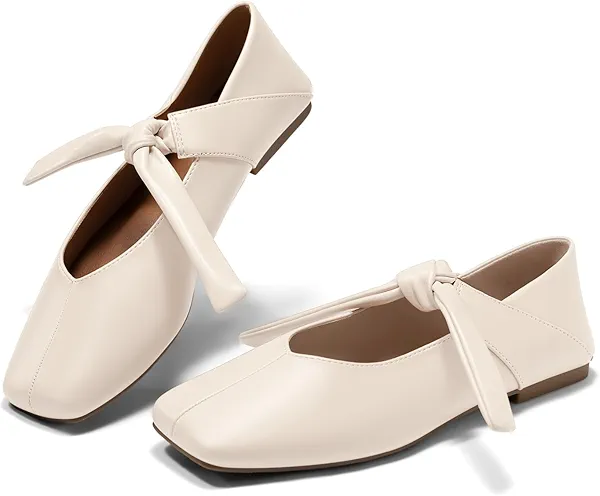 Coutgo Womens Mary Jane Flats Bow Square Toe Ballet Flats Dressy Comfortable Slip on Flat Shoes, Beige, Size 7