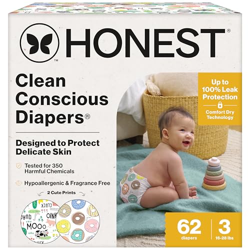 Image of The Honest Company Comfort Dry Disposable Diapers for Sensitive Skin, Hypoallergenic, Fragrance-Free, Barnyard Babies + Donut Grow Up, Club Box, Size 3 (16-28 lbs), 62 Count
