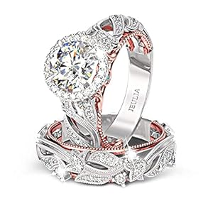 Jeulia 4 Carat Openwork Ring Sets for Women 925 Sterling Silver Wedding Sets Rose Gold Round Cut Halo Engagement Ring White Diamond band CZ Solitaire Anniversary Promise Rings