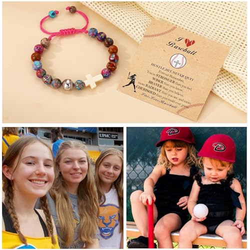 Image of Softball /Soccer /Volleyball /Basketball /Baseball /Football Sports Gifts for Girls Teens Natural Stone Beaded Cross Bracelets Christian Religious Game Day Jewelry Gift