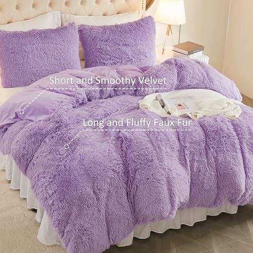 Image of EMME Luxury Purple Fuzzy Duvet Cover Set King Size 3 Pieces Fluffy Comforter Cover Set for King Bed Shaggy and Plush Soft Bedding Duvet Covers (Purple, King)