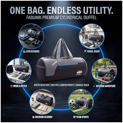 Image of Quicknik Gym Bags for Men Compact Sports Duffle for Women Unisex Duffle Bag | Unisex Duffle Bag for Gym, Travel & Sports | 22L | Black, Blue & Grey