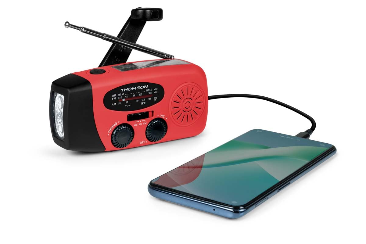 Radio FM Solaire Portable RT260,eclairage LED, Bouton SOS Alarme,Dynamo pour Recharge Manuelle, Recharge USB Batterie 2000 mAh, Charge d'appoint Smartphone (Rouge)