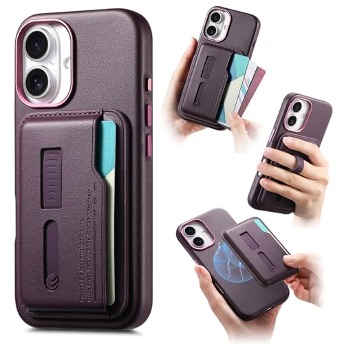 iPhone 17 Pro Max/17 Pro/17 Air/17用ケース、取り外し可能なウォレットカードホルダーレザーソフトTPU耐衝撃保護バンパースリムPCバックカバー、フィンガーリストバンド付き(パープル、17 Air)