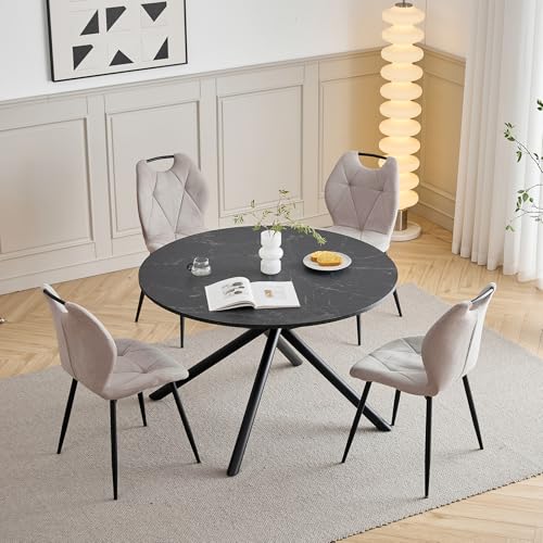 GrandCA HOME Conjunto de Mesa y Sillas de Comedor,Mesa Redonda de 115 CM y 4 Sillas Modernas de Lino para Comedor, Cocina y Sala de Estar (Negro + Beige)