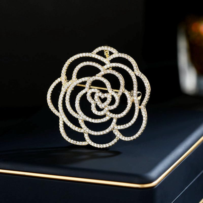 Image of Stunning 14K Gold Moissanite Camellia Brooch,With Openwork Design and Pearl Embellishments ,Ideal Shawl Buckle Accessory & Beautiful Gift