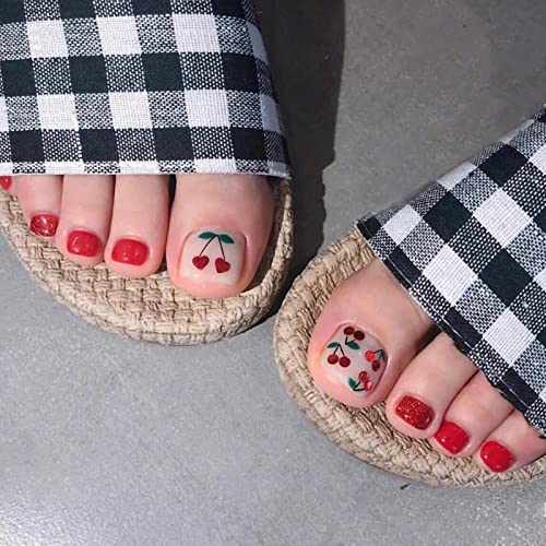 IMSOHOT Glossy Fake Toe Nails Short Square Press on Toenails Red Cherries False Toe Nails Glossy Glue on Acrylic Toenails for Women