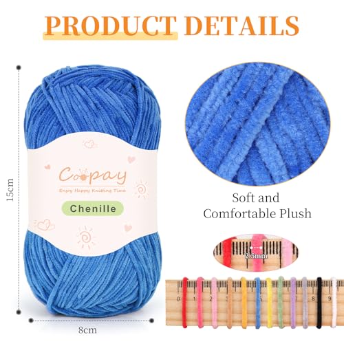 Image of Coopay Skinny Chenille Yarn for Crocheting and Knitting, 12 Pack of 50g /1.76oz - 1764yd Total, Soft Velvet Yarn of Baby Weights - Suitable for Baby Blankets, Plush Toys - Super Soft (Blue Gradient)
