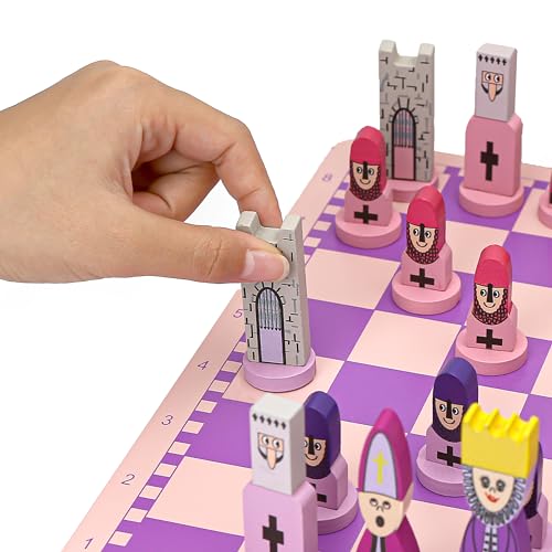 Set de Ajedrez rosa de madera con tablero educativo miniatura 6