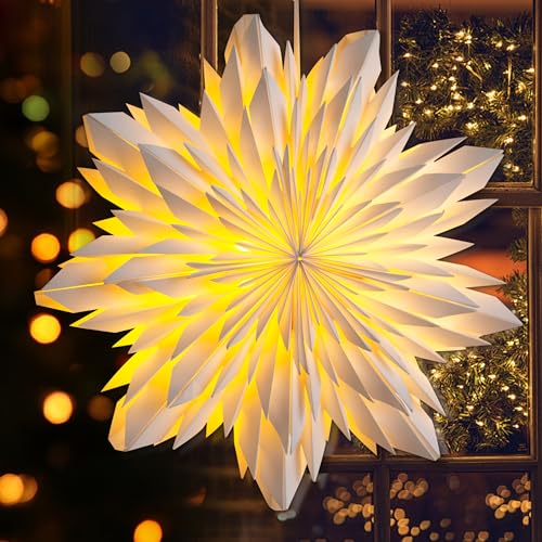 EANLOLY Weihnachtsstern Beleuchtet LED Stern, Weihnachtsdeko Innen Fenster, Papiersterne Zum Aufhängen mit Beleuchtung, Weihnachten Leuchtstern Lichterkette, Weiß-45 cm