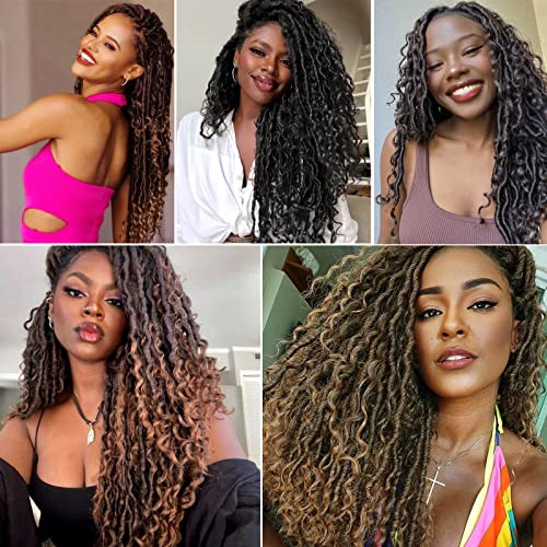 Ahrencan New Goddess Locs Crochet Hair 22 Inch, 8 Packs Two Tone Brown Goddess Faux Locs Crochet Hair With Curly Ends, Long Pre Looped Hippie River Locs Crochet Hair For Black Women,Prelooped Bohemian Boho Crochet Braids(22”,T1B/30#) #TOP4
