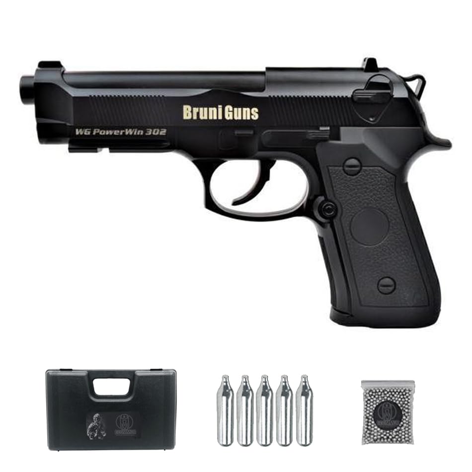 Ecommur. Bruni Powerwin 302 CN 812 (120 m/s)| Pistola de perdigones (Bolas BB's de Acero) de Aire comprimido semiautomática 4,5mm + maletín + balines y CO2
