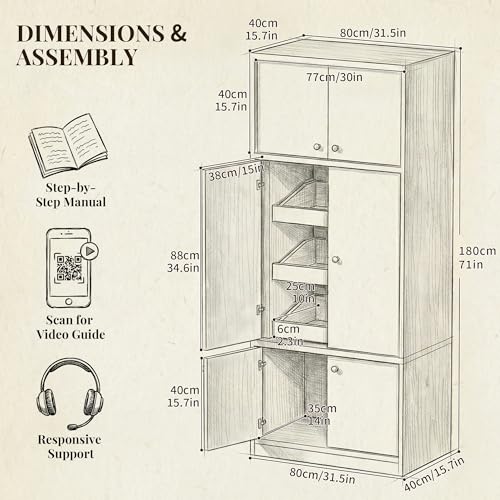 Image of 71 Inch Tall Kitchen Pantry Cabinet with Pull Out Drawers, Modular Concealed Storage Hutch, Expandable Wall System, Heavy Duty Thickened Panels, Freestanding Kitchen Organizer, White