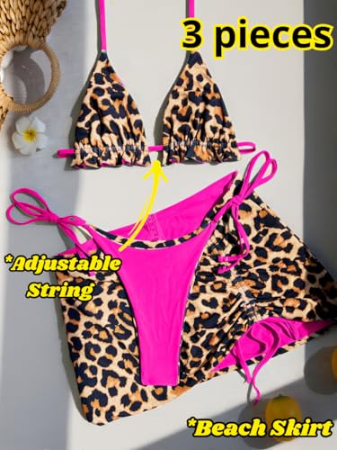 Image of ShawGobow Womens 3 Piece Leopard Bikini Set,Triangle String High Cut Thong Sexy Swimsuit & Coverup Skirt,Pool Party Outfit