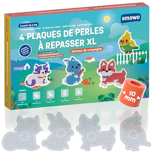 Smowo® Plaques de Perles à Repasser 10 mm pour Animaux - 4 Plaques à Emboîter et Modèles - Chien, Chat, Oiseau, Lapin - Pour Enfants dès 3 Ans