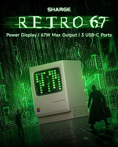 SHARGE USB C Charger, Retro 67 Power Display 3-Port Fast GaN Charger with Digital Rain, 67W Foldable Wall Charger for Phone 14/Pro Max/13, iPad, MacBook, Galaxy, Google Pixel Gifts Idea