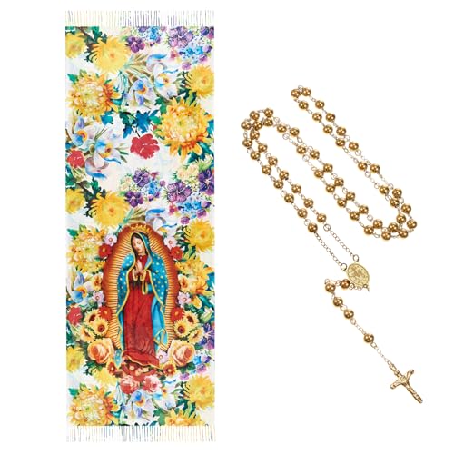 Jecery 2 Pcs Virgin Mary Long Scarf and Virgin Mary Bead Cross Necklace Virgen De Guadalup Blanket Scarf Shawls for Women (White)