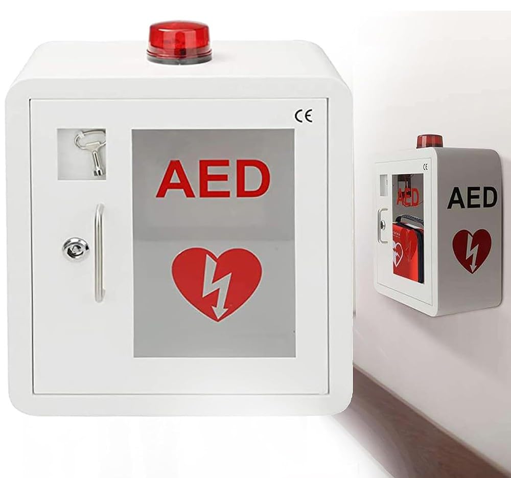 AED Defibrillator Wall Cabinet, AED Defibrillator Storage Cabinet, Cardiac Defibrillation Alarm Box with Key and Alarm First Aid Cabinet First Aid Case for Office, Nursing Home
