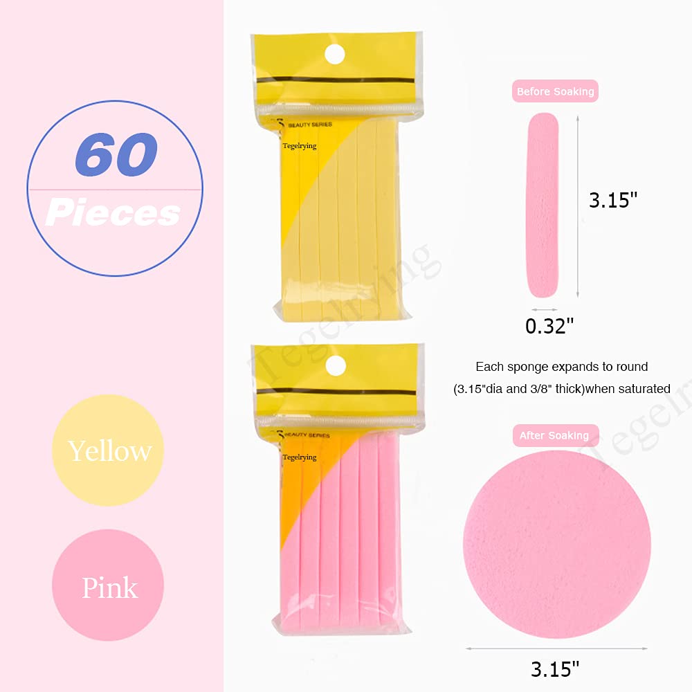 Facial Sponge Compressed,60 Pcs PVA Professional Makeup Removal Wash Round Face Sponges Spa Pads Exfoliating Cleansing for Women,Yellow,Pink image 2