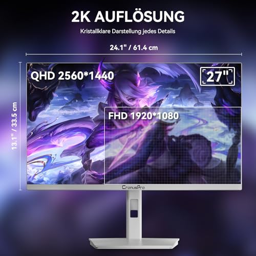 CronusPro Weißer 27 Zoll Gaming Monitor, 320Hz, 2K QHD (2560 x 1440) 1ms MPRT Fast IPS-Panel, AMD FreeSync, Höhenverstellbar & Drehb, Voreingestellte Spielmodi, HDR, HDMI/DisplayPort, VESA 100x100mm 4