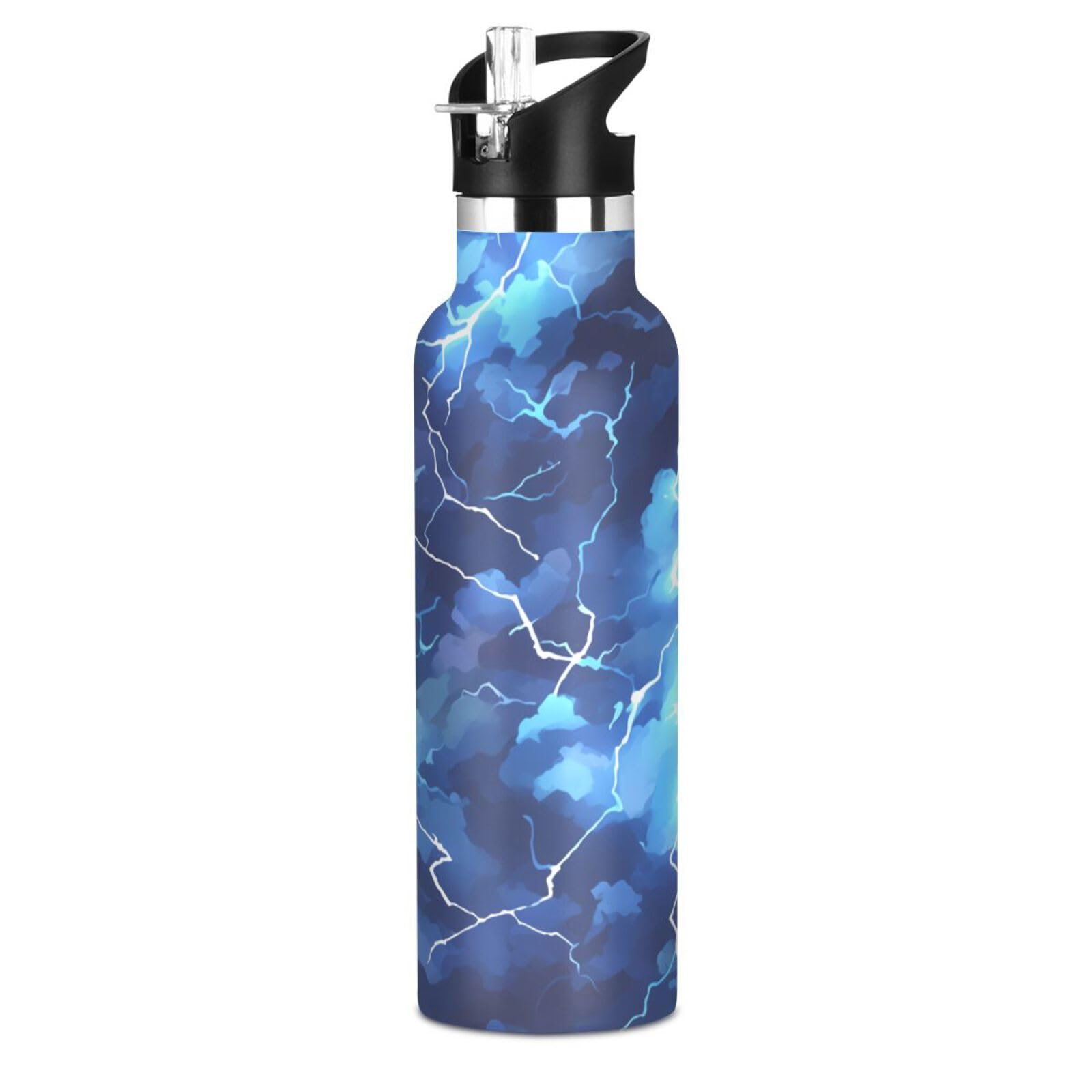 Lightening Blue Nature Lightweight Kids Water Bottle With Straws Leak-proof Keeps Hot and Cold for Travel Camping Sports