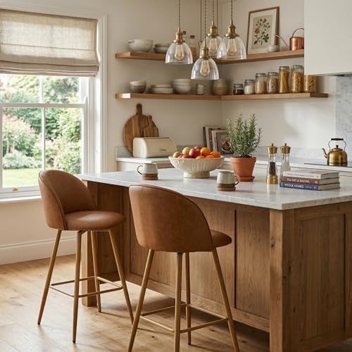 Homy Casa Set de 2 Butacos de Altura para Barra, Giro 360°, Asiento Tapizado en Poliuretano Marrón con Patas Metálicas Estilo Madera de Nogal – Ideal para Cocina, Comedor y Bar – Altura del Asiento 26 pulgadas miniatura 3