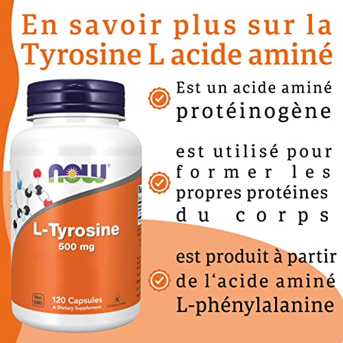 Now Foods, L-Tyrosine, 500 mg, 120 Capsules, Testé en Laboratoire, Sans Gluten, Sans Soya, Non-GMO – Image 5