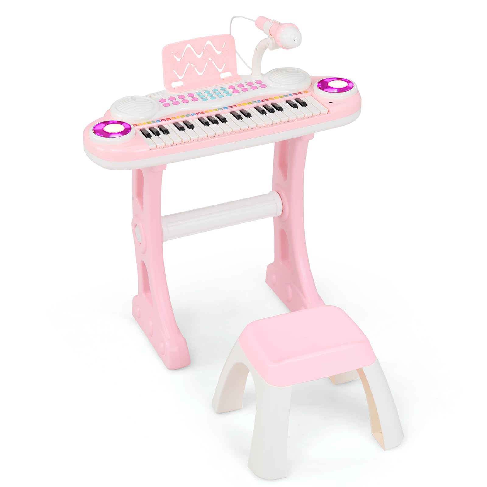 KOMFOTTEU Pianoforte per Bambini con 37 Tasti, Pianola per Bambina con Effetti Luminosi e Microfono Regolabile, Tastiera Musicale Bambini con Sgabello, 8 Ritmi/Suoni per Bambini 3+ Anni (Rosa)