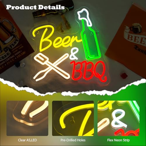 Image of Neon Beer Signs for Wall Wine Decor LED BBQ Sign Light Up Bar Backyard Party Neon Beer Light Sign for BBQ Shop Restaurant Barbecue Gifts for Meat Beer Lovers