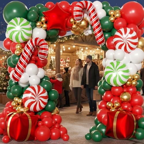 Image of 165Pcs Christmas Balloon Arch Garland Kit with Xmas Red White Green Gold Latex Balloons Gift Box Candy Cane Star Foil Balloons Arch Kit for Christmas New Year Party Birthday Party Decorations