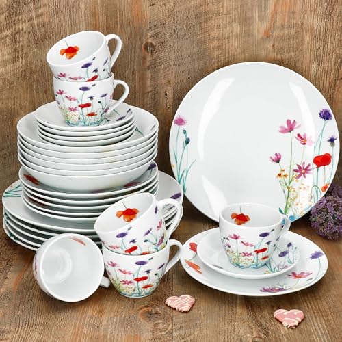 MamboCat Marie 30tlg Kombiservice I Porzellan-Geschirrset mit Blumenwiese-Dekor für 6 Personen I Je 6X Tassen, Untertassen, Kuchenteller, Suppenteller & Speiseteller