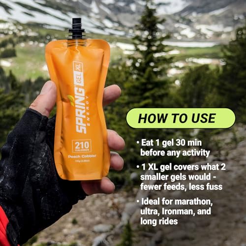 Image of Spring Energy Honey Banana Peach Energy Gel - Real Food Running Gel, 210 Calories, Peach Cobbler Flavor - 50g of Carbs, No Rice Syrup or Maltodextrin (6 Pack)