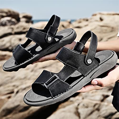 Sandals Men ' s Cowhide Casual Beach Shoes Genuine Leather Thick Sole Anti Slip Male Toe Shoes Black Brown(44)4