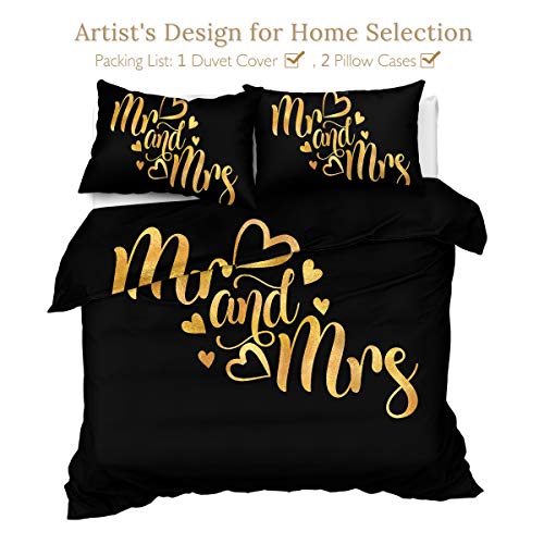 Sleepwish Mr And Mrs Bedding Set King Bedroom Comforter Cover Sets For Couples 3 Piece Black Love And Gold Duvet Cover Cute Bedspreads Romantic Valentines Gift Sets (King) #TOP1