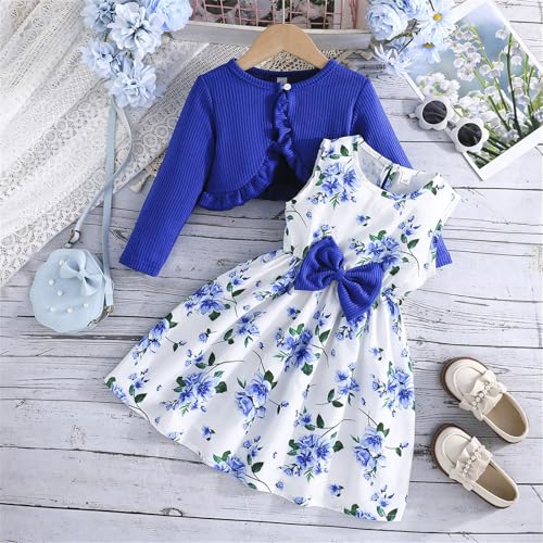 Toddler Girls Cardigan and Dress Sets 2pc Ribbed Knit Cropped Cardigan Sweater+Flower Sleeveless Dresses Outfits2