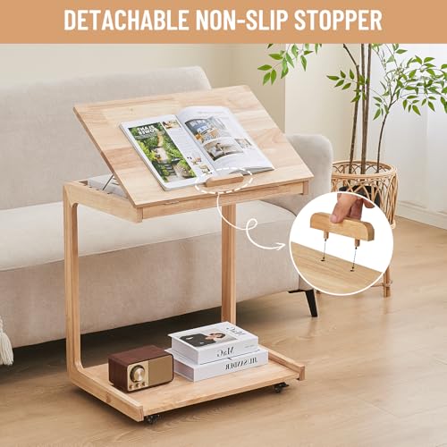 Image of Uniclinens Couch Tables that Slide Under - Rolling Side Table C Shape, Wooden Slim Sofa Desk with Wheels, Small TV Tray for Laptop Multi-Purpose Living Room Bedroom, Natural