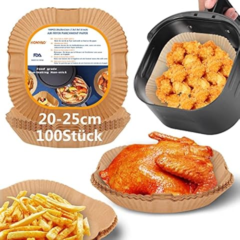 HONYAO Backpapier für Heißluftfritteuse, 100 Stück 20-25cm Air fryer Backpapier Antihaft Einwegschalen Luftfritteuse Pergamentpapier Liner Cover