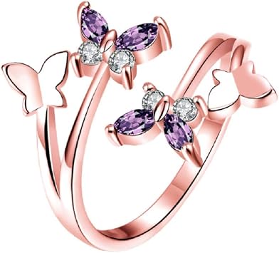 LRGKMCWTOB Womens 925 Sterling Silver Jewelry Shiny Butterfly Opening Adjustable Purple Zirconia Rose Gold Plated Rings Birthstone CZ Butterfly Shape Purple Austrian Crystals Rings Rose Gold