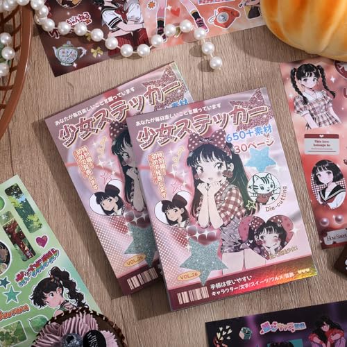 Image of Girl's Japanese Retro Sticker Book, Anime Showa Girl Theme - 650+ Cute Old Showa Style Comics Stickers, for DIY Scrapbooking Journaling Handbook Decoration